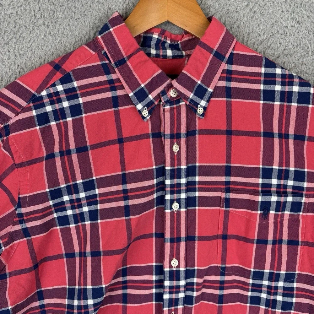 Polo‎ Ralph Lauren Button Down Shirt Mens 2XL Light Red Navy Plaid Cotton Casual